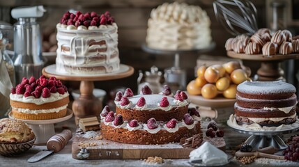 cakes, professional baking equipment and ingredients in a bakery kitchen setting