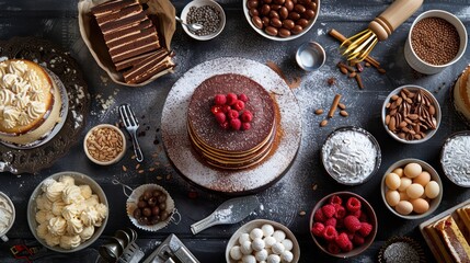 cakes, professional baking equipment and ingredients in a bakery kitchen setting, top and flat view