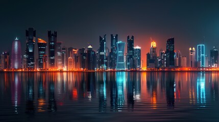 Fototapeta premium realistic cityscape at night in a sunset scenery with beautiful reflections in orange, dark blue and black colors