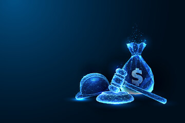 Legal compensation, labor workers rights, financial settlement futuristic concept on blue background