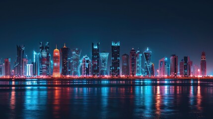 Obraz premium realistic cityscape at night in a sunset scenery with beautiful reflections in orange, dark blue and black colors