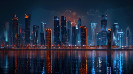 realistic cityscape at night in a sunset scenery with beautiful reflections in orange, dark blue and black colors