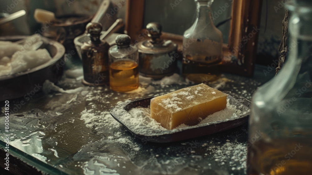 Poster a simple bar of soap on a countertop. suitable for hygiene and cleanliness concepts
