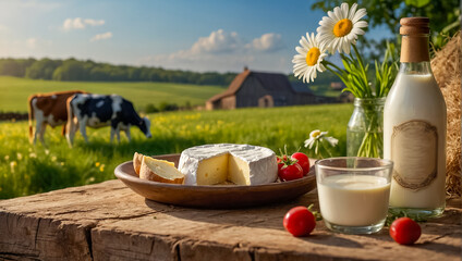 fresh Camembert cheese, bottle of milk at the farm