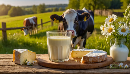 Delicious Camembert cheese, bottle of milk at the farm traditional
