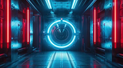 design of a frontal view of a round door in a cyberpunk , sci fi interior scene in dark and neon blue color scheme