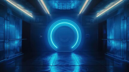 design of a frontal view of a round door in a cyberpunk , sci fi interior scene in dark and neon blue color scheme