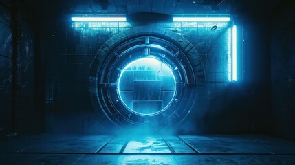 Obraz premium design of a frontal view of a round door in a cyberpunk , sci fi interior scene in dark and neon blue color scheme