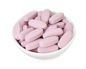 Obraz na płótnie Canvas Vitamin pills in bowl isolated on white. Health supplement