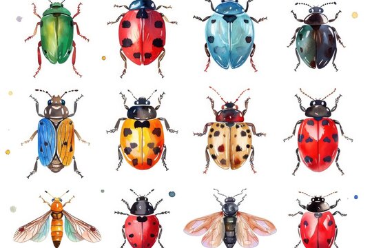 Various colored bugs on a plain white backdrop. Suitable for educational materials or insect-related content