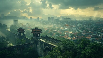 Hanoi skyline with historical sites, Vietnam, blend of eras