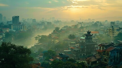 Hanoi skyline with historical sites, Vietnam, blend of eras