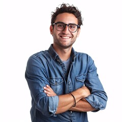 a young man in a blue shirt and glasses with his arms crossed on a white background