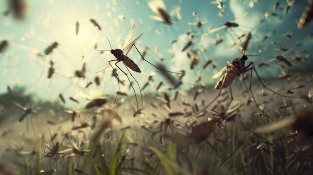 A group of mosquitos flying through the air. Perfect for illustrating insect infestation