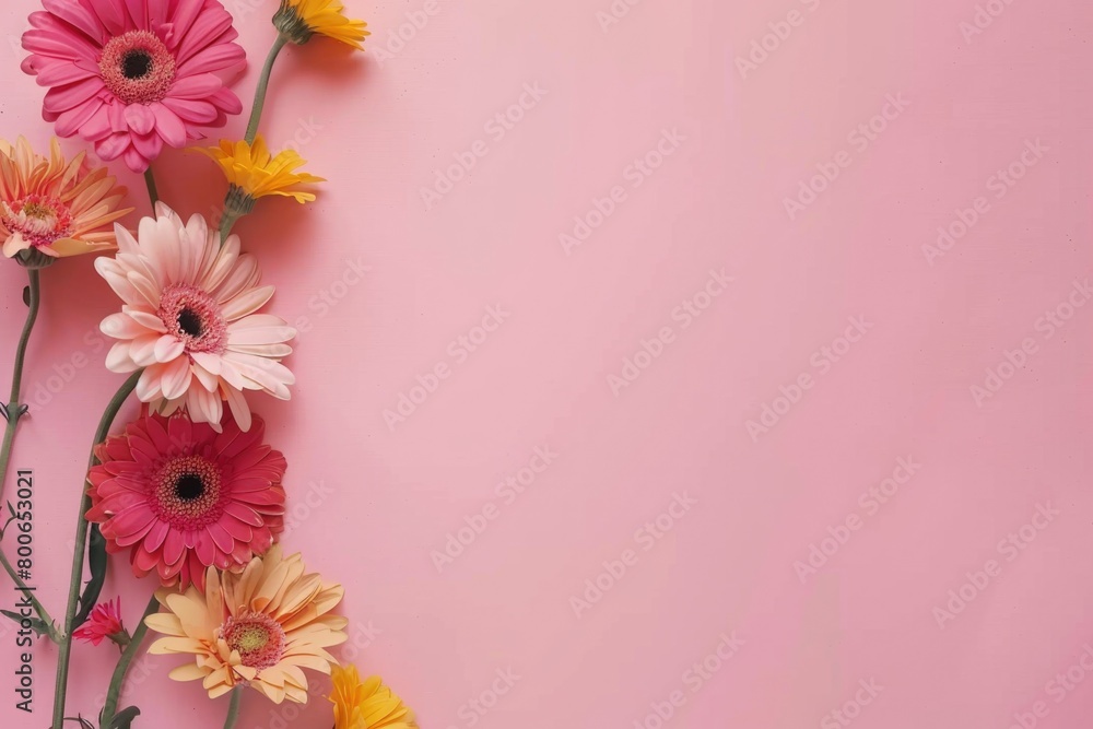 Poster a vibrant pink background adorned with a variety of pink and yellow flowers. suitable for various de