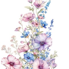 floral border, delicate watercolor flowers, spring colors, wildflowers, white space in the middle