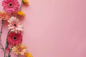 A vibrant pink background adorned with a variety of pink and yellow flowers. Suitable for various design projects