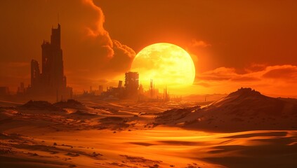 apocalyptic desert landscape with sun and abandoned science fiction cityscape