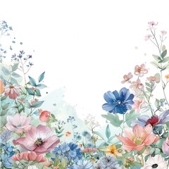 Fototapeta na wymiar floral border, delicate watercolor flowers, spring colors, wildflowers, white space in the middle