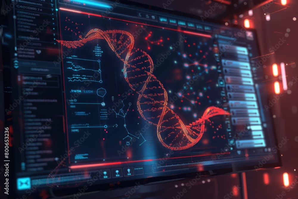 Aufkleber Computer screen displaying a detailed DNA model. Perfect for science and technology concepts