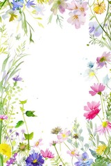 floral border, delicate watercolor flowers, spring colors, wildflowers, white space in the middle