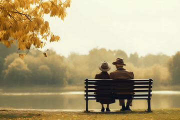 Back view of senior couple sitting on bench in the park
