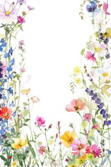 floral border, delicate watercolor flowers, spring colors, wildflowers, white space in the middle