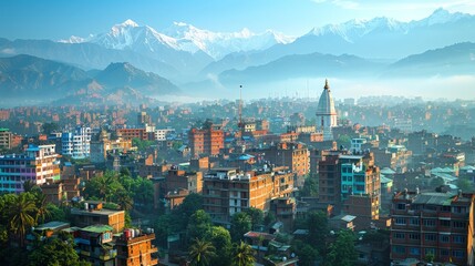 Kathmandu skyline with Himalayan backdrop, unique urban landscape
