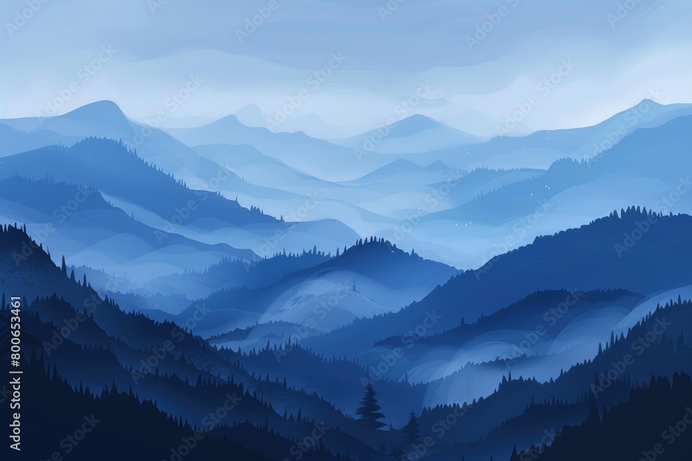 Poster A scenic view of a mountain range with trees in the foreground. Suitable for nature and landscape themes