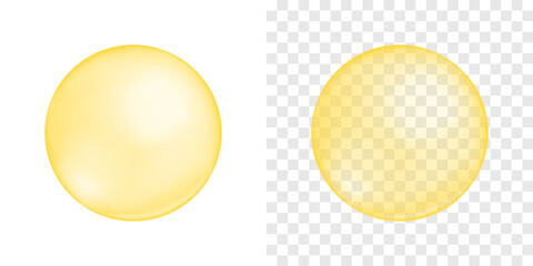 Yellow bubble on transparent and white background. Inflated chewing bubble gum. Cosmetic oil or serum, soap foam or bath suds drop. Collagen, protein or omega cell ball. Vector realistic illustration.