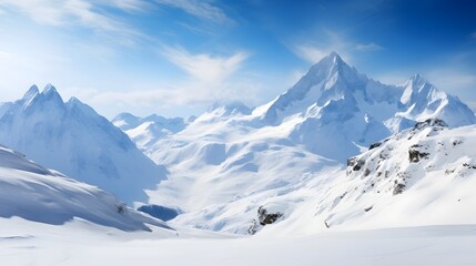 Panoramic view of the snowy mountains. Beautiful winter landscape.