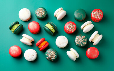 Beautifully decorated Christmas macarons on green background, flat lay