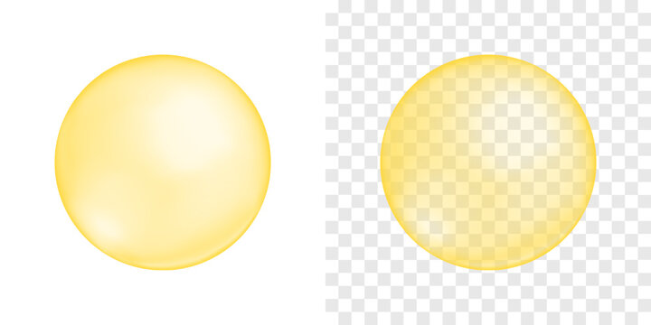 Yellow bubble on transparent and white background. Inflated chewing bubble gum. Cosmetic oil or serum, soap foam or bath suds drop. Collagen, protein or omega cell ball. Vector realistic illustration.