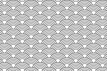 Sea or ocean waves background. Traditional asian seigaiha pattern. Scallops print. Fish squama or dragon scale. Simple geometric black and white archs ornament. Vector graphic illustration. - obrazy, fototapety, plakaty