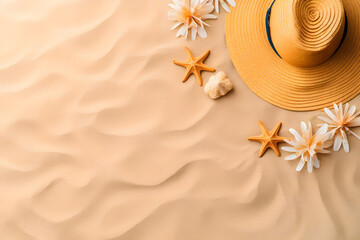 Woman beach hat and sea shells on sand background, summer vacation, travel concept.