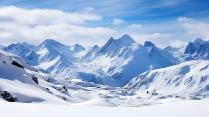 Fototapeta na wymiar Panoramic view of the snowy mountains. Snowy winter landscape.