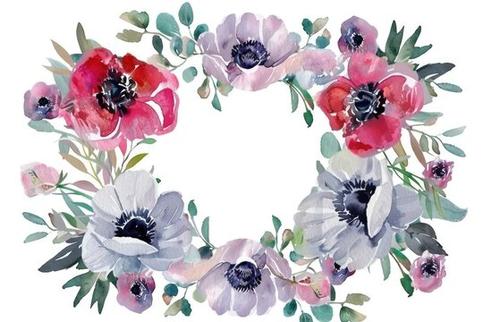 Beautiful watercolor flower wreath on a clean white background, perfect for greeting cards or invitations