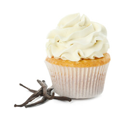 Tasty cupcake with cream and vanilla pods isolated on white