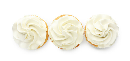 Tasty vanilla cupcakes with cream isolated on white, top view
