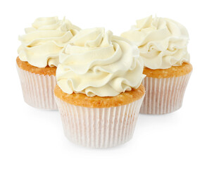 Tasty vanilla cupcakes with cream isolated on white