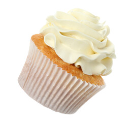 Tasty vanilla cupcake with cream isolated on white