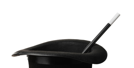 Magician's hat and wand isolated on white