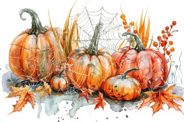 Colorful watercolor painting of pumpkins and leaves, perfect for autumn-themed designs
