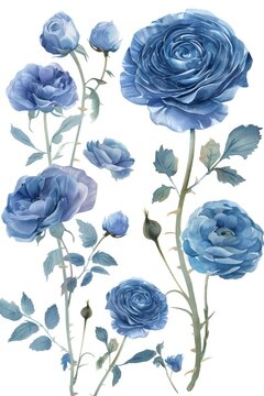 A painting of blue roses on a white background. Perfect for floral design projects