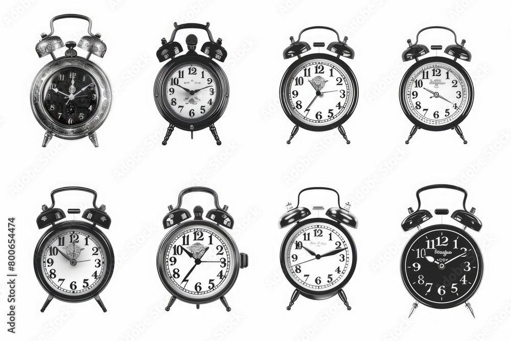 Poster a collection of various clocks on a simple white backdrop. ideal for time management concepts