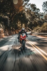 A man riding a red motorcycle on a curvy road. Suitable for travel and adventure concepts