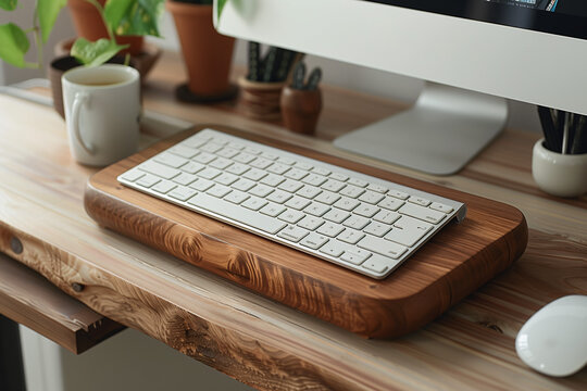 closeup of a white wireless keyboard elevated on a wooden base on a wooden desk