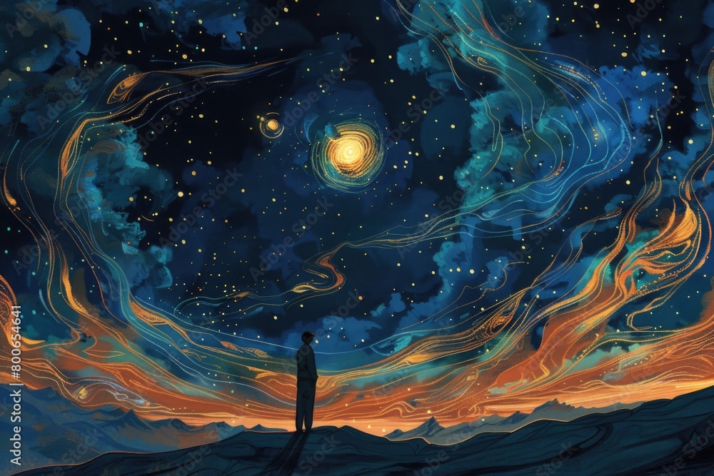 Aufkleber a person standing on a hill looking up at the sky, suitable for various concepts and designs