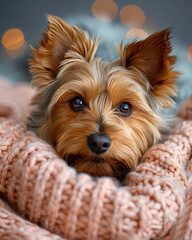 frontal portrait of a Yorkshire Terrier resting their head on a cozy scarf while looking at the camera