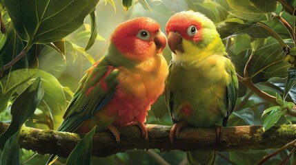 Lovebird parrots sitting together. This winged creatures lives within the woodland and is tamed to household creatures
